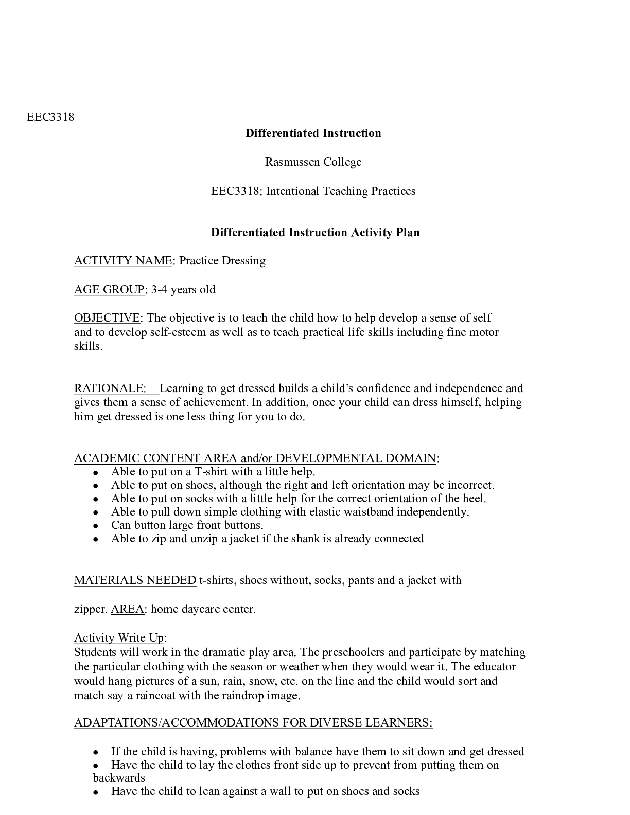 Preview image of Module 03  Differentiated Instruction Activity Plan.docx  EEC3318  Differentiated Instruct document
